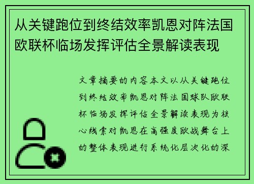 从关键跑位到终结效率凯恩对阵法国欧联杯临场发挥评估全景解读表现